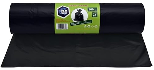 PAM-FOLIE Sacs poubelle universels 360L - 10 pièces - XXL Sacs poubelle grands, forts et épais, Basic - 120x150cm - 35µm - sac poubelle noir - sac poubelle robuste - film regranulé