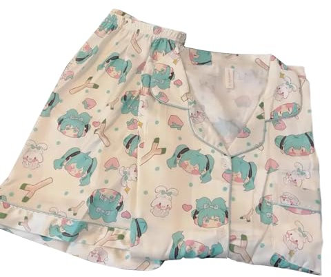 Anjinguang Miku Pyjamas Shorts Shirt Two-Piece Set - Kawaii Anime Cartoon Short Sleeve Summer Sleepwear for Women Girls - Cardigan Homewear