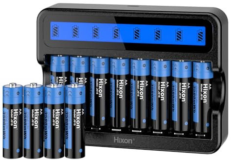 Hixon Wiederaufladbare AA Lithium Akku, 12er-Pack mit 8-Slot Schnellladegerät, Langlebige 3500mWh 1,5V Lithium AA Batterie, Hoher Entladerate Lithium Batterien AA