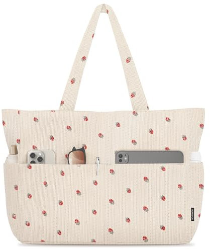 HOMESPON Handtasche Damen Tote Bag Shopper Groß Umhängetasche Cord Crossbody Beuteltasche Schultertasche Stoffbeutel für Einkaufen Schule Arbeit Reisen(Erdbeerweiß)