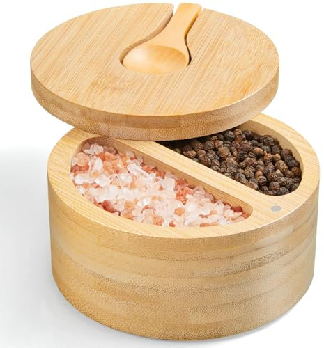 OUTNILI 2-Compartment Salt Box with Lid and Spoon, Bamboo Salt Cellar with Swivel Lid, Salt and Pepper Bowls for Salt & Spices, Dual 6 oz Salt Container