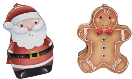 Cute Santa & Gingerbread Man Shaped Tin Boxes with Milk Chocolate Coins & Biscuits Christmas Special (Set of 2)