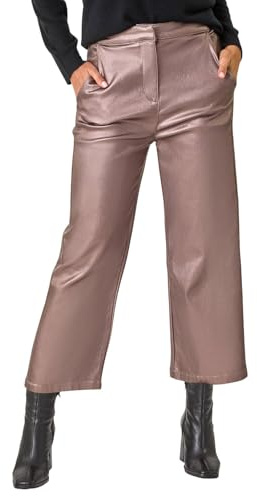 Roman Originals Coated Wide Leg Cropped Trouser for Women UK - Ladies Everyday Autumn Winter Comfy Soft Evening Vacation Work Party Night Out - Bronze - Size 16