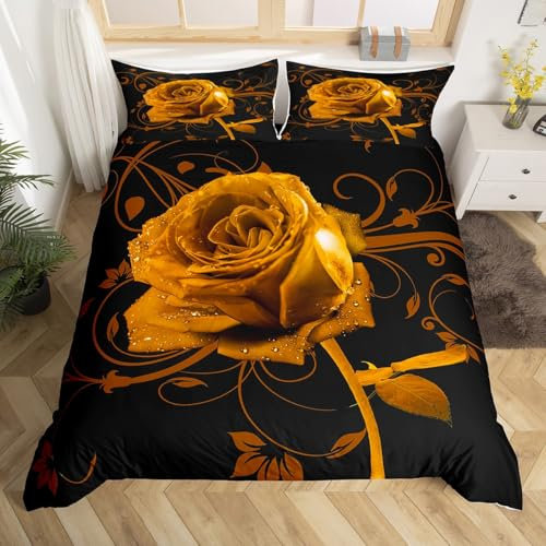Rose Flowers Bedding Set,Yellow Flowers Art Comforter Cover Set for Teens Women Room Decor,Retro Artwork Duvet Cover Breathable Abstract Flowers Bedspread Cover Double Size(No Comforter)