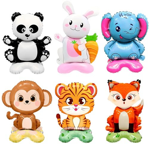 Zaztytoy - XXL Folienballon Tiere mit Sockel, 6 Stück Waldtiere Luftballon Set, 3D Gigante Helium Ballons Tiere, Elefant-Fuchsballon, Geeignet für Party Animals, Zoo Themen Kindergeburtstag Deko