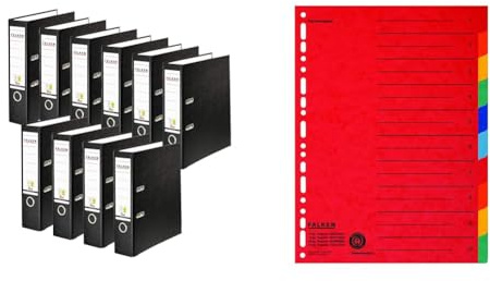 Original Falken 10er Pack PP-Color Kunststoff-Ordner. Made in Germany. 8 cm breit DIN A4 schwarz und Falken 20er Pack Karton-Register für DIN A4 10-teilig vollfarbig