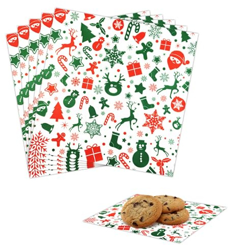 POPOYU 100PCS Weihnachten Lebensmittelqualität Geschenkpapier, Blätter Backpapier, Lebensmittelkorb Liners Papier, Feinkostpapier für Kuchen, Brote, Pommes Frites, Sandwiches, Pizza, Burger, Hot Dogs