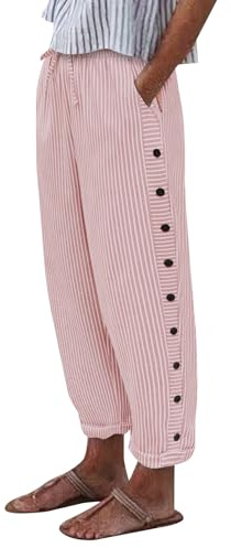 Voqeen Womens Wide Leg Trousers Side Button Elastic Waist Cropped Trousers for Women Ladies Casual Striped Summer Trousers with Pockets and Drawstring Lightweight Palazzo Pants for Holiday Beach Work
