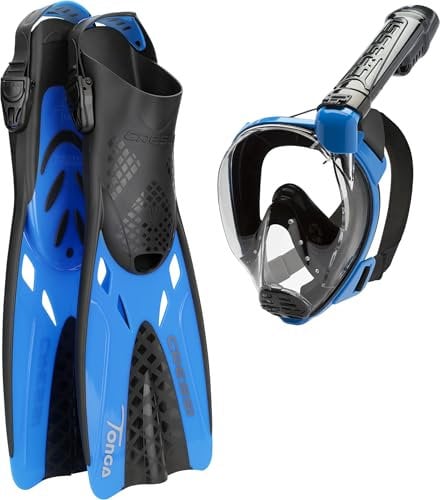 Cressi Tonga Set Black/Blue L/XL - Set Kurze Flossen + Vollgesichtsmaske Baron mit breitem Sichtfeld, perfekt zum Schnorcheln, Schwimmen, Schwarz/Blau, L/XL (42/47), Erwachsene