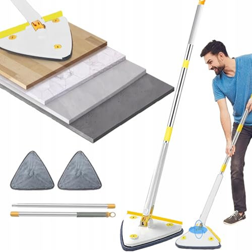 Hooha 2 in 1 Auswringfunktion Mopp Dreieck Wischmopp mit Teleskopstiel Stange 127cm Staubwischer Abzieher und 2 Mikrofaserbezug Wiederverwendbar Waschbar für Fenster/Glas/Boden/Badezimmer (Weiß)