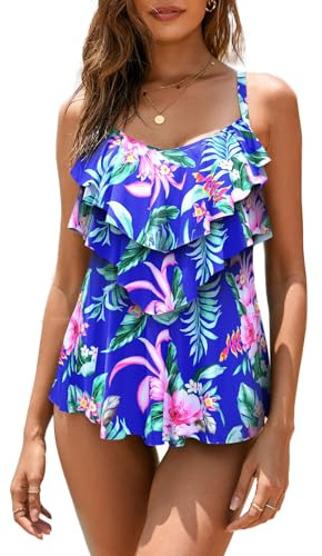 WIN.MAX Femmes Tankini Maillots de Bain Ensembles Taille Haute à Volants Volant 2 pièces Bikini Ensemble Maillot de Bain Grande Taille(Oasis Bleue,EU42)