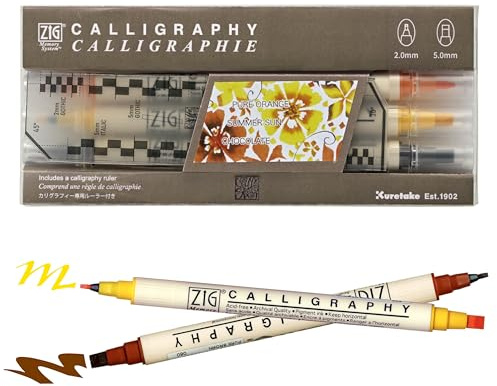 Kuretake ZIG CALIGRAPHY MARKER Pens 3 colours set (Orange Brown), 2mm 5mm Dual tip, for Art, illustration, Journaling, Made in Japan