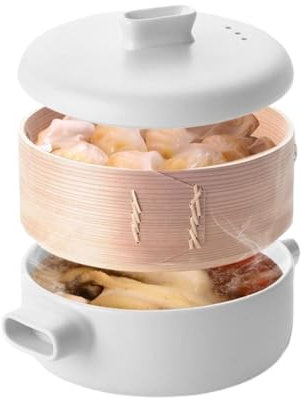 QTQHOME Keramik-Dampfgarer im japanischen Stil, Kasserolle, Tontopf mit Dampfkorb, Dampfgarer zum Kochen, Antihaft-Keramiktopf, Suppentopf, Eintopf, multifunktionales Küchenkochgeschirr (1 l, weiß)