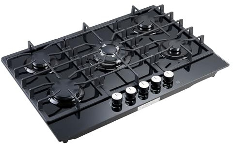 Blue Flame HBG5723-76cm Built-in Gas Hob - 4 Burners with Wok Burner - Tempered Black Glass Body - Cast lron Pan Supports
