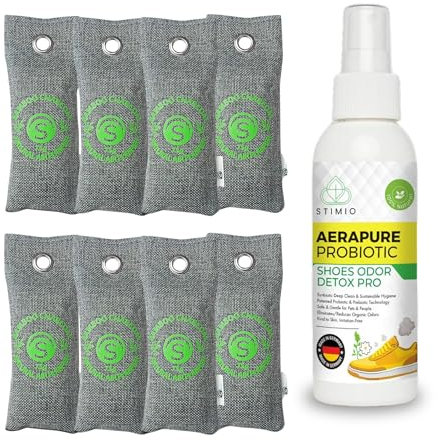 Anti-Geruch Set für Schuhe – 8x Aktivkohlebeutel + 100ml probiotisches Spray – gegen Fußgeruch & Schweißfüße – natürliches Schuhdeo ohne Chemie – Schuhgeruch entfernen & Schuhe trocknen