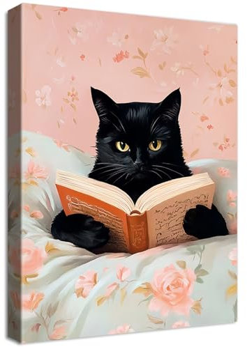 Lustige schwarze Katze liest Bücher Leinwand Bilder Mit Rahmen Rosa Vintage Tier Bild Wandbilder Wandkunst Kunstdruck auf Leinwand Malerei Schlafzimmer Mädchenzimmer Kinderzimmer Wanddekor 30x40cm