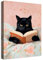 Lustige schwarze Katze liest Bücher Leinwand Bilder Mit Rahmen Rosa Vintage Tier Bild Wandbilder Wandkunst Kunstdruck auf Leinwand Malerei Schlafzimmer Mädchenzimmer Kinderzimmer Wanddekor 30x40cm