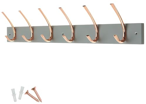 keypak 6 Double Hook Coat Rack Polished Copper on Grey Board 69cm Wide | Wall Mounted Wooden Rack for Hats, Coats, Entryway & Bathroom Use