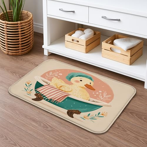 Süße Ente Badematte, schnell trocknend, Cartoon-Tiere, saugfähig, rutschfest, Frühlingsdekor, Flanell, waschbar, Badteppiche für Badezimmer, WC, Toilette, 40,6 x 61 cm