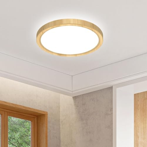 slochi LED Deckenleuchte, 3 Farben Deckenlampe 3000K/4000K/6500K, Rund Flach Holz Badezimmer Lampe Decke Wasserfest, 16CM 12W Klein Deckenlampen für Küche Flur Keller Bad Schlafzimmer