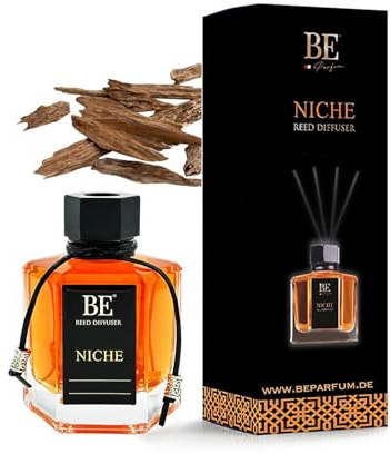 BE Parfum Raumduft Reed Diffuser 120 ml – 35% Öl-Anteil für intensiven & langanhaltenden Duft | 4 Duftstäbchen | Natürliche ätherische Öle (Oud Arabi – luxuriöser Oud-holziger Duft)
