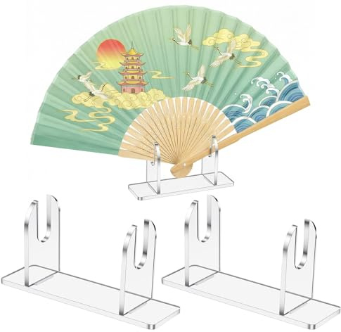 Xinjoduz 2PCS Acrylic Fan Display Stand Clear Folding Japanese Chinese Hand Fan Holder Base Easel, Vintage Handheld Fans Stand Organizer for Antique Folding Fans Wedding Home Desk Decor