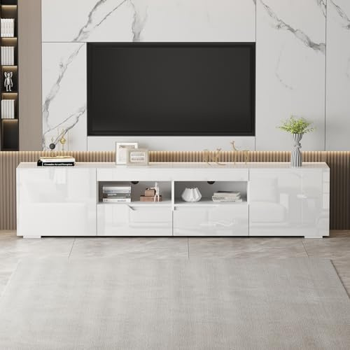 KernGut 200cm TV Schrank Modern Hoher Glanz mit LED-Beleuchtung, Weiß | 16 Farben LED-Beleuchtung, TV Board mit Schränken, 2 Freiflächen & Schubladen, Für 65–85 Zoll Fernseher
