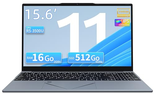 Amita PC Portable 15,6 FHD, Ryzen 5 3500U (Jusqu’à 3,7 GHz), Quad-Core, 16 Go RAM, SSD Ordinateur Portable Léger avec Touchpad Innovant & Webcam avec Interrupteur de Confidentialité, (512, Go)