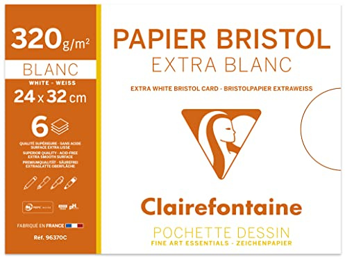 Clairefontaine 96370C Bristolkarton, Mappe, 24 x 32 cm, 320 g, 6 Blatt, weiß