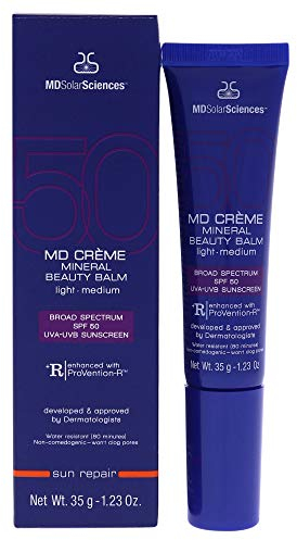 MDSolarSciences MD Mineral BB Creme SPF 50 - Tinted, UV Resistant Cream - Sun Defense And Skin-Boosting, Vitamin-Infused Formula - Vegan, Oil Free and Unscented - Light - 1.23 oz Sunscreen