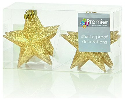 6 x Gold Glitter Star Christmas tree Bauble decorations 10cm