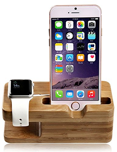 Senhai Madera [2 en 1] Carga de Soporte del Muelle de la estación de la Horquilla Holder Accesorio para Apple Seguir iWatch 38mm y 42mm y el iPhone 5, 5s, 6, iPhone 6 Plus (bambú)