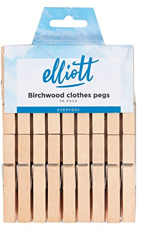 Elliott Hardwood Clothes Pegs with Metal Coil Spring for Firm Grip, Contoured to Prevent Leaving Marks on Clothing, This Pack Include 36 Pegs Ideal for Outdoor and Indoor Use