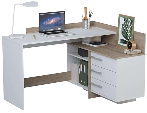 Abitti Mesa Escritorio con Cajonera Color Blanco Perla y Roble Cepillado 128 cm