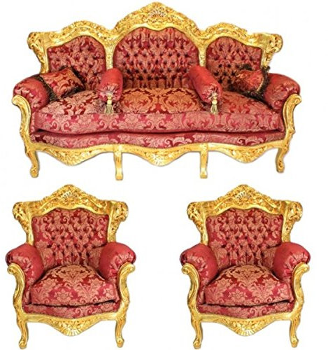 Casa Padrino Barock Wohnzimmer Set Bordeaux Muster/Gold - 3er Sofa + 2 Sessel