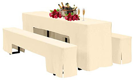 WedDecor Stretch Biertischhussen Set 3 für Bierzeltgarnitur 50cm oder 70cm Tischbreite, Elastische Hussen für Bierzeltgarnitur, Festliche Husse Biertisch & 2 Bierbank in Ivory, Garten-Party Hochzeit