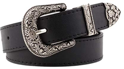 Porbbow Frauen Retro Pin Schnalle Breiter Gürtel Vintage Muster PU Leder Klassischer Bund Schwarz