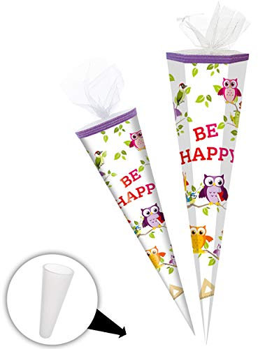 alles-meine.de GmbH Schultüte - lustige Eule - 35 cm - rund - Tüllabschluß - Zuckertüte - mit/ohne Kunststoff Spitze - Markneukirchen - Jungen Mädchen Junge - Eulen be Happy au..