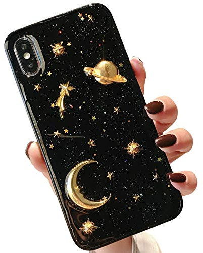 Tybiky Hülle Für iPhone 11 Pro Bling Handyhülle Clear Weich Silikon Cover Case Mode Chic Planet Mond Sterne Muster Schutzhülle Kratzfest Ultra dünn Hülle Tasche für iPhone 11 Pro,Earth Moon Black