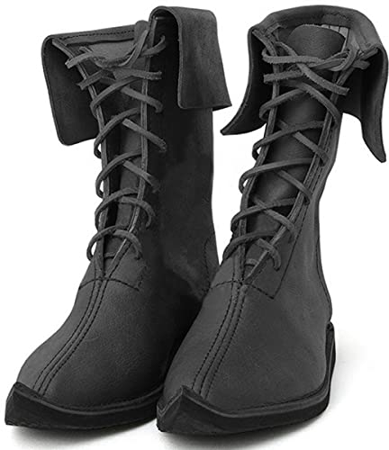 Mooke Mittelalterliche Prinz Cosplay Stiefel, Wikinger Ritter Schnürstiefel Mit Flacher Spitze Herren LARP Schuhe Renaissance Pirate Cosplay Kurzer Stiefel,Schwarz,48