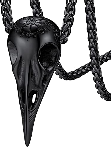FaithHeart schwarz Raven Anhänger Halskette für Herren Männer Punk Gotik Kräheschädel Halskette mit Kompass für Freunden Ehemann