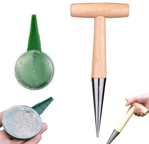 BLBK 2 Pack Garden Hand Tool, Gardening Hole Puncher, Seed Dispenser, Stainless Steel Hand Hole Puncher with Wooden Handle, for Outdoor Garden Planting Pot