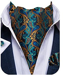 DiBanGu Ascot-Krawatte für Herren, 100 % Seide, Paisley, Gold und Blaugrün, Hochzeit, Jacquard, Einstecktuch, Manschettenknöpfe, Einheitsgröße