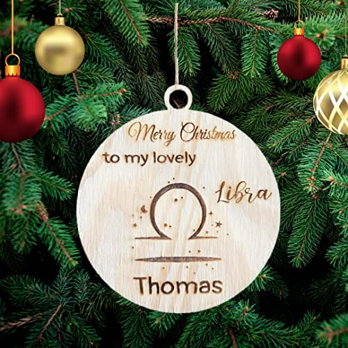 Personalisierte Waage Zeichen des Sternzeichens Baumschmuck Holz Baum Ornament Gravur Name Weihnachtskugel Geschenkkarte Einsatz für Familie und Freunde