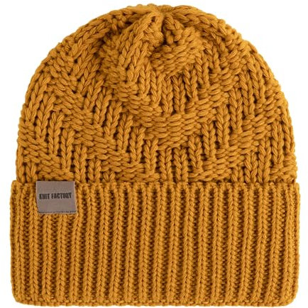 KNIT FACTORY - Sally Mütze - Strickmütze für Damen und Herren - Beanie - Wintermütze mit Wolle - Robusten Look - Hochwertige Qualität - Ocker
