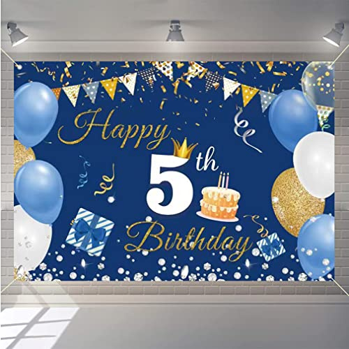 5th Birthday Decorations for Boy/Girl, 5 Years Old Backdrop Banner Fabric Sign Poster, Happy 5th Birthday Party Supplies Blue Photography Background Welcome Sign, 150cm x 90cm