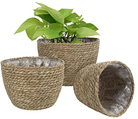 Sanfiyya Gewebter Pflanzentopf Seegras Pflanzer Korb natürlicher Blumenpflanzgefäß für Wohnungsbaudekoration 3PCS Wobbe Pflanzentöpfe