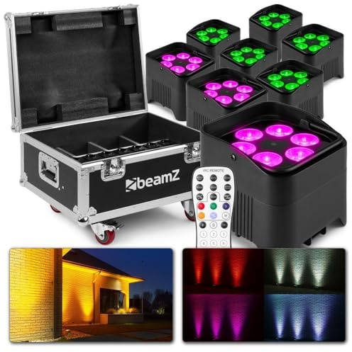 BeamZ BBP96S Uplight 8er Set mit Flightcase Akku LED Schwarz | 6x12W, Display, 9h Akku, WDMX, DMX-CH, Dimmer, RJ45, Wirelessempfänger, Effektstrahler, Bühnenstrahler, Lichttechnik, Mobil