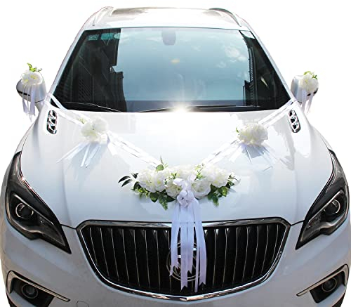 Autoschmuck Hochzeit,Braut Paar Rose Blumen Deko Auto Schmuck Brautwagen Girlande Band Dekoration Wedding Hochzeitsauto Deko Hochzeit Auto Dekoration Hochzeitsdekoration,Hochzeitsdeko Auto,Weiß