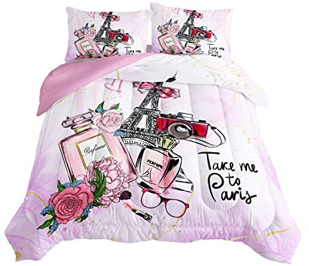 HOSIMA Rosa Paris Schlafzimmer-Bettwäsche-Set, französischer Eiffelturm-Bettwäsche-Set, romantische Paris-Dekoration für Schlafzimmer, Paris-Bettwäsche-Sets für Mädchen und Frauen, Raumdekoration,